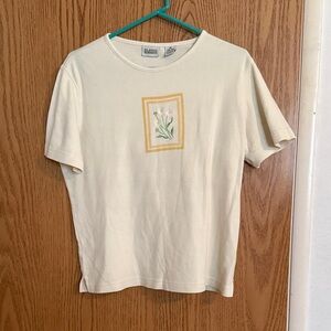 Vintage 80s 90s Classic Elements Yellow T-Shirt Embroidered Daisies Floral Sz M